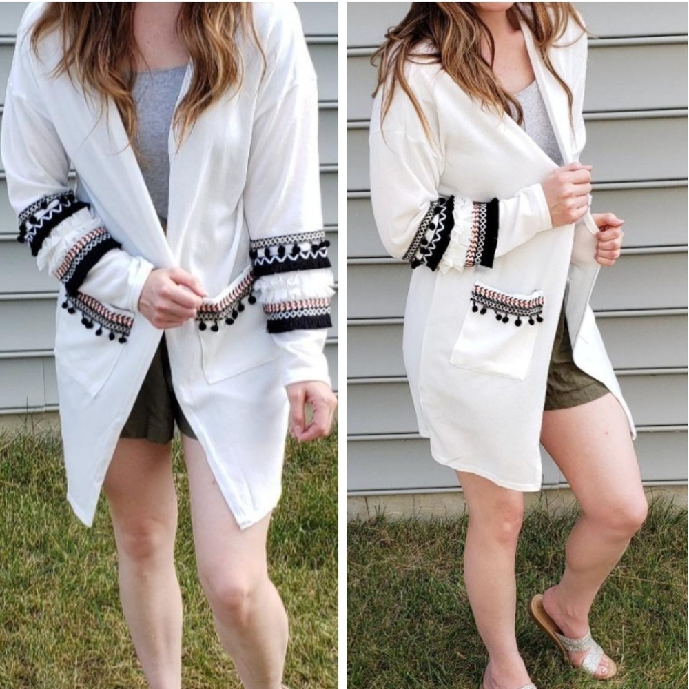 boho tassel fringe ruffles pompom cardigan - white